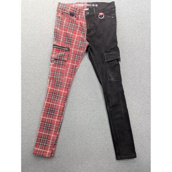 HT Denim Stinger Pants Mens 30x30 Red Plaid Black Split Leg Cargo Skinny Punk - Picture 1 of 16
